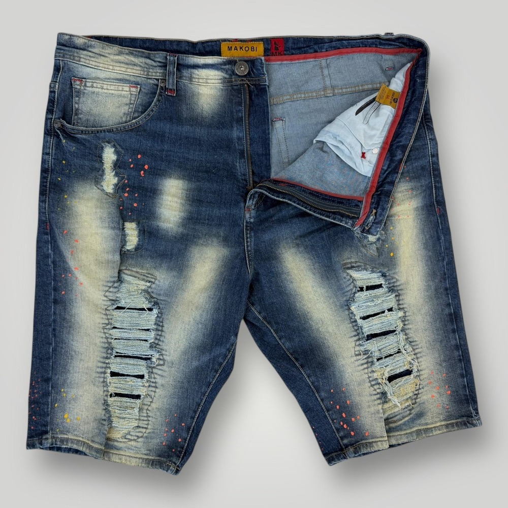 Makobi Denim Shorts Mens 44 Blue Distressed Paint Splatter 13 In Bermuda M920